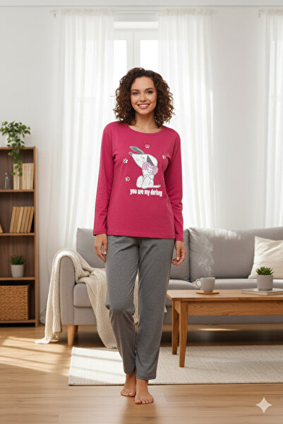 CALİA Pink-Gray Long Sleeve Women's Pajama Set