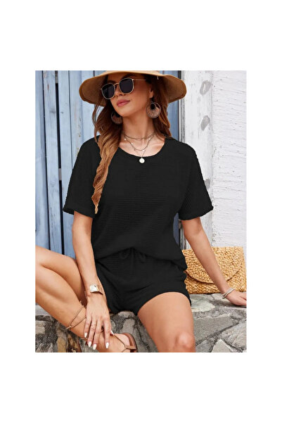 DoğaMilya Butik Women's short sleeve crew neck bottom and top waffle double set