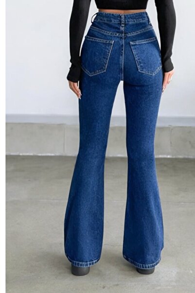 Livik بنطلون جينز أزرا إسبانيول باكا سولماز باللون الأزرق الداكن ذو الخصر الع...