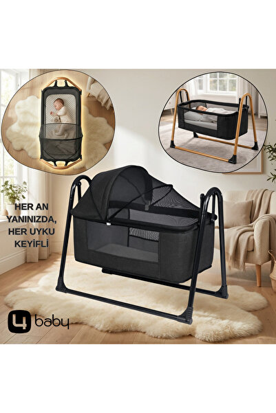 4 Baby İcon Keten Fileli Silinebilir Portatif Sallanır Anne Yanı Beşik