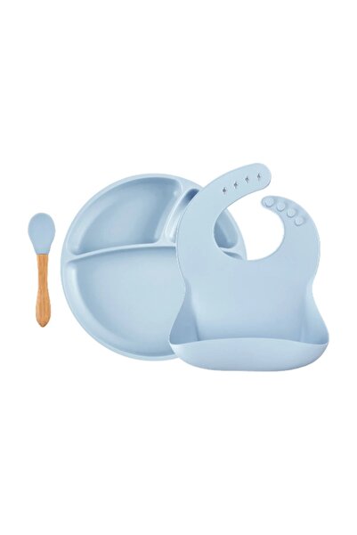 OiOi Silicone Feeding Set with Bamboo Spoon - Mineral Blue (Baby Bib, Plate, ...
