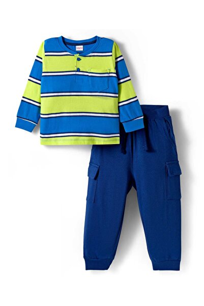 Babyhug Single Jersey Knit Full Sleeves Striped Top & Lounge Pant Set - Blue