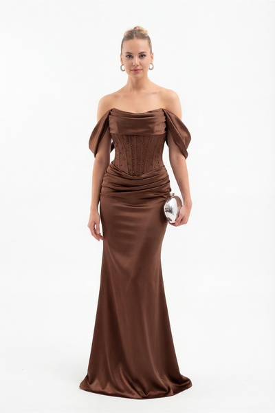 Lafaba Women's Brown Slim Fit Boat Neck Beaded Long Satin Evening Dress