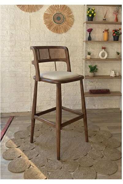 silla Concept Odin Bar Sandalyesi Teddy Krem Kumaş Hasırlı Ceviz Ahşap Ada Sa...