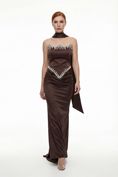 Lafaba Women's Brown Slim Fit Strapless Stoned Long Satin Evening Dress