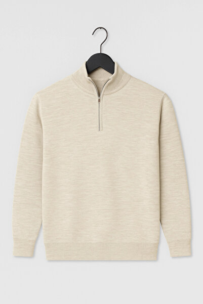 Edwox Men's Half Zipper Regular Fit Sweater Cream Cd116