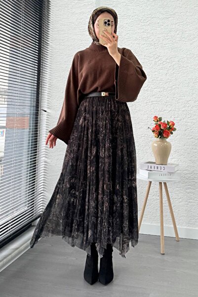 MELEK ARAZ Asymmetrical Cut Lined Tulle Midi Skirt - Bitter Brown