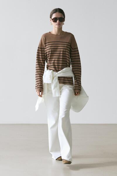 Massimo Dutti Çizgili pamuk karışımı uzun kollu tişört