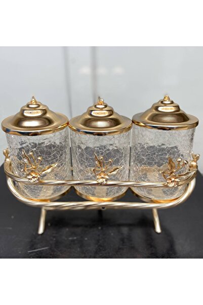 AZADE BAKIR GOLD PİRİNÇ JAPONGÜL STANDLI MİNİ ÇATLAK CAM KAVANOZ 3’LÜ SET