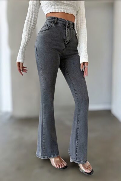 Livik بنطلون جينز نسائي من Aksayra Füme بخصر عالٍ وقصة أرجل واسعة من الليكرا