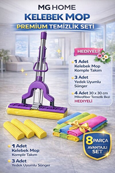 VENON Kelebek Mop 💙8 Parça Premium Set 💙 Hediyeli 🦋 3 Yedek Süngerli Mop S...