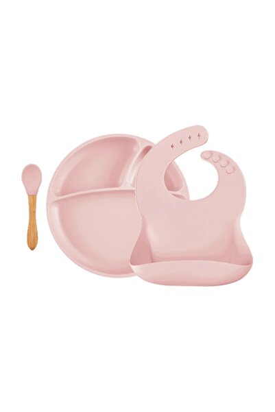 OiOi Silicone Feeding Set with Bamboo Spoon - Pinky Pink (Baby Bib, Plate, Ba...