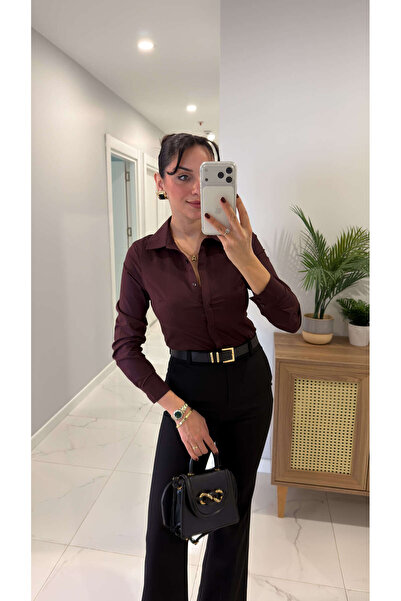 BİRCANÇİL Deronya Mürdüm Slim Fit Lycra Shirt