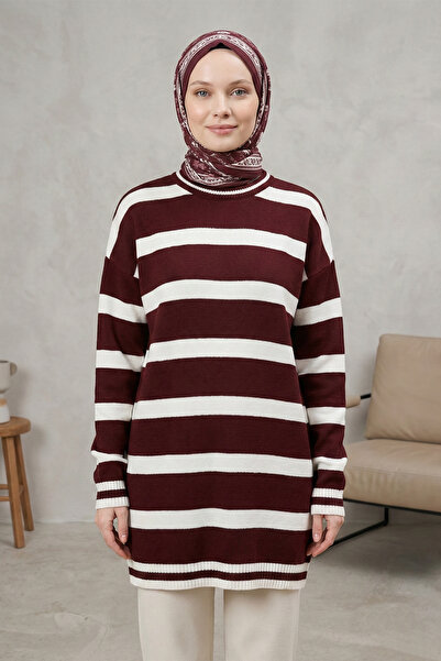Kirazgym Women's Striped Pattern Knitwear Sweater Tunic - Burgundy