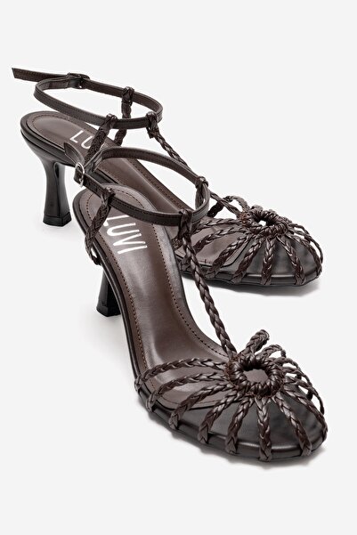 LuviShoes GERALD Kahverengi Örgü Bantlı Kadın Topuklu Ayakkabı