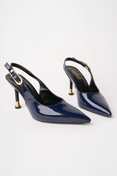 bakacstore Women's Navy Blue Patent Leather Buckle Pointed Stylish High-Heele...