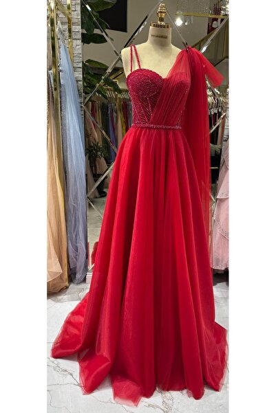 Hanımefendi Giyim Stone Detailed Bustier and One-Shoulder Tulle Detailed Prin...