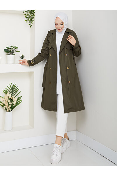 MEHDENEFE Windbreaker Detailed Sleeves & Waist Belted Buttoned Trench Coat Md...
