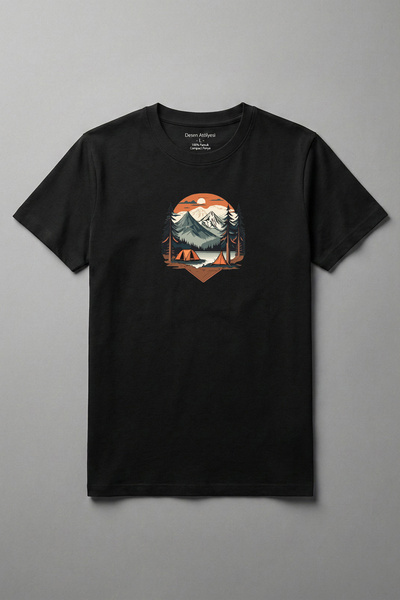 DESEN ATÖLYESİ Cotton Camping and Mountain View Printed Black Basic Crew Neck...