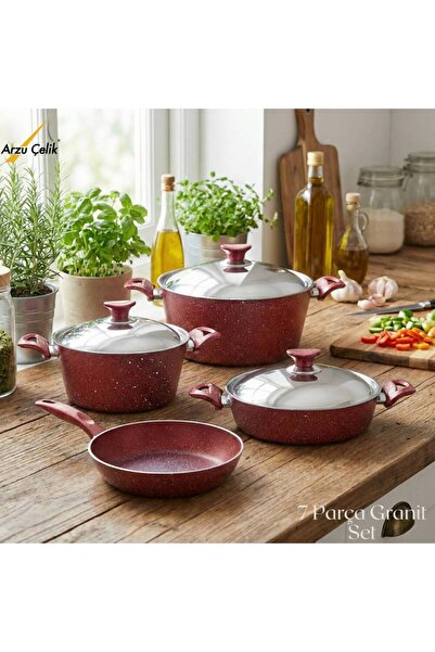 Arzu Çelik 7 Piece Granite Set Steel Lid - Red