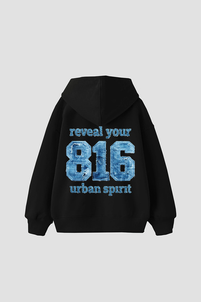 Sekizbiraltı 816 Urban Spirit Printed Oversize Unisex Black Hoodie