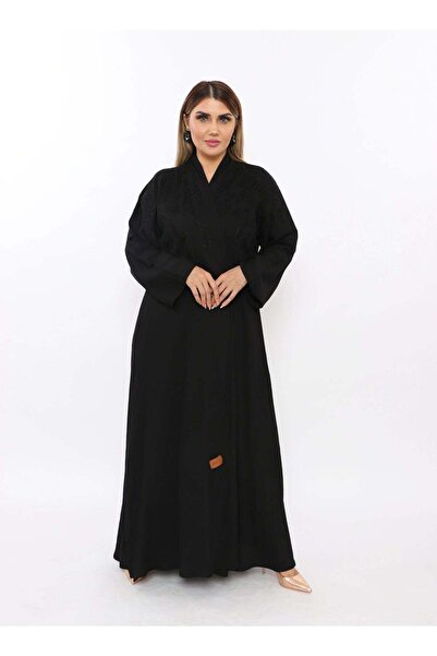 MyesuQ عباية سوداء مصنوعة من الكتان الفاخر ومزينة بأزرار ذهبية ناعمة