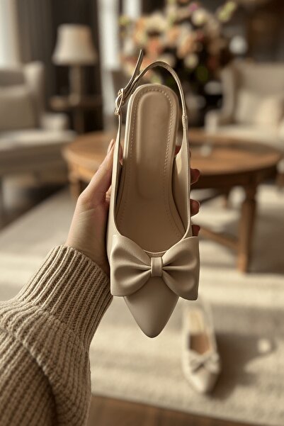 DURUNUN BUTİĞİ Pantofi cu toc DuFita Bowknot Beige (toc de 4 cm) cu vârf ascuțit