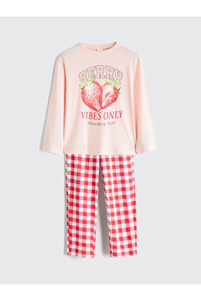 LC Waikiki طقم بيجاما بناتي برقبة دائرية مزين بطبعة فراولة