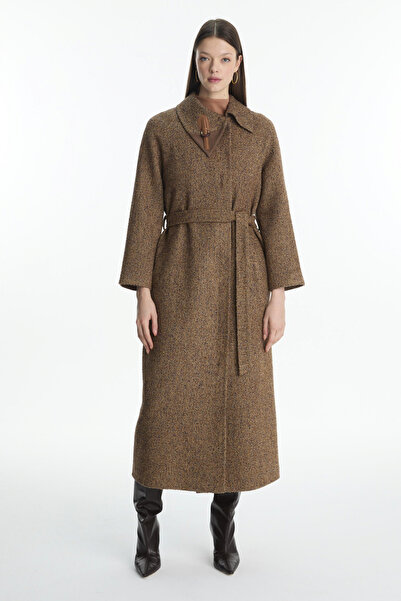Zühre Collar Detailed Belted Mantle Taba Coat 13871