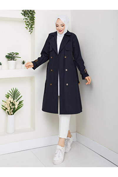 MEHDENEFE Windbreaker Detailed Sleeves & Waist Belted Buttoned Trench Coat Md...