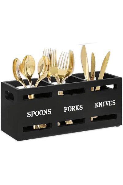 Arabest حامل أدوات مطبخ خشبي، منظم سطح العمل بثلاثة أقسام، سلة ريفية، أسود