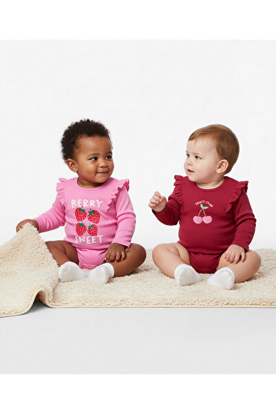 Bonfino 100% Cotton Knit Onesies with Fruit Print & Frill Detailing, Pack of ...