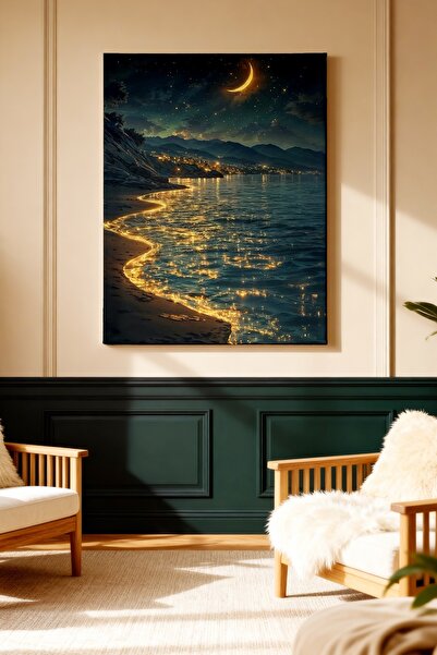 ART NEST DEKOR MEHTAP VE ALTIN RENGİ YANSIMASI DESENLİ CANVAS TABLO
