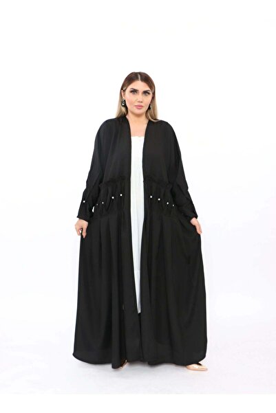 MyesuQ عباية سوداء من قماش الجاكار مطرزة بخيوط بيضاء