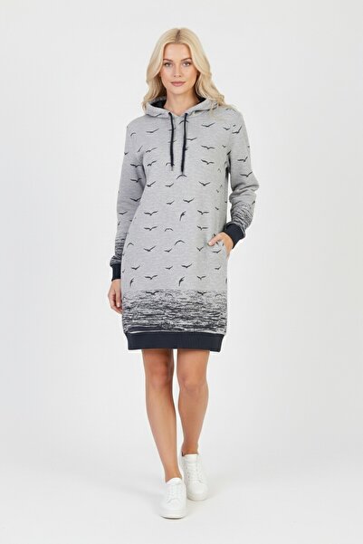 modi Kadın Gri Martı Desenli Kapüşonlu Cepli Uzun Kollu Jakarlı İnterlok Peny...