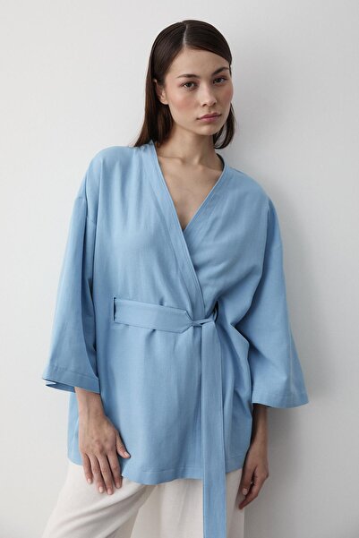Laluvia Blue Half Sleeve Kimono with Internal Belt - 5383