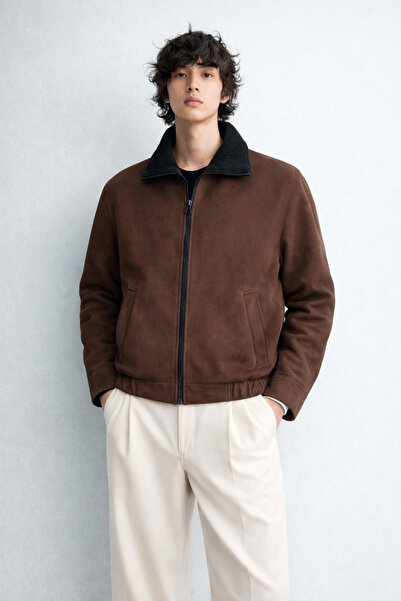 inpool Men's Oversized Fit Bomber Suede Jacket with Velvet Collar Detail 26Us...