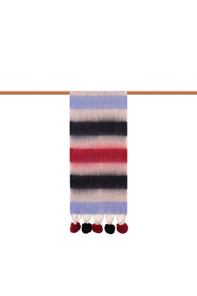 Bursa İpek Eșarfă cu pompon cu model cu dungi albastre și roșii