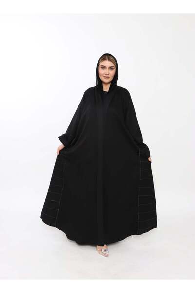MyesuQ عباية مطرزة بكريستالات سوداء على الجهة الأمامية والكتفين