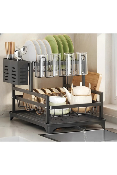 Herum Metal dish drainer, 2 levels, plastic tray, accessories, Black, 39.5 x ...