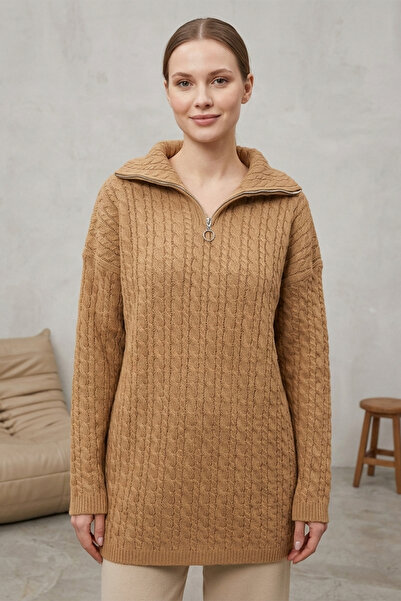 Kirazgym Half-Zip Collar Knit Patterned Knitwear Sweater Mink