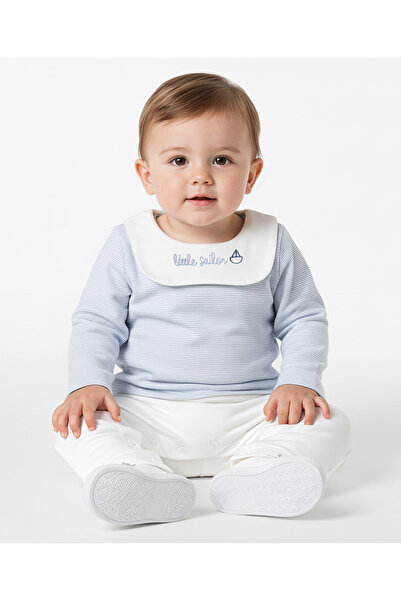 ToffyHouse جمبسوت قطني محبوك بأكمام طويلة مزين بخطوط وتطريز بكلمة "بحار صغير"...