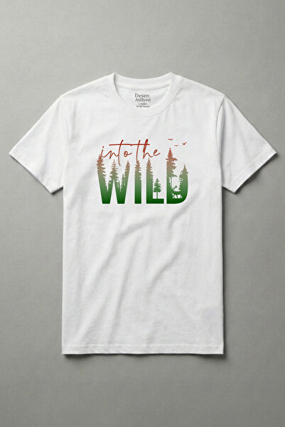 DESEN ATÖLYESİ تي شيرت قطني مطبوع عليه "Into The Wild" باللون الأبيض الأساسي ...