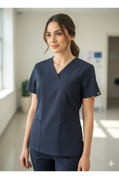 temex LACİVERT TEK ÜST SCRUBS HEMŞİRE DOKTORFORMASU UNİSEX LİKRASIZ XS-S BEDEN