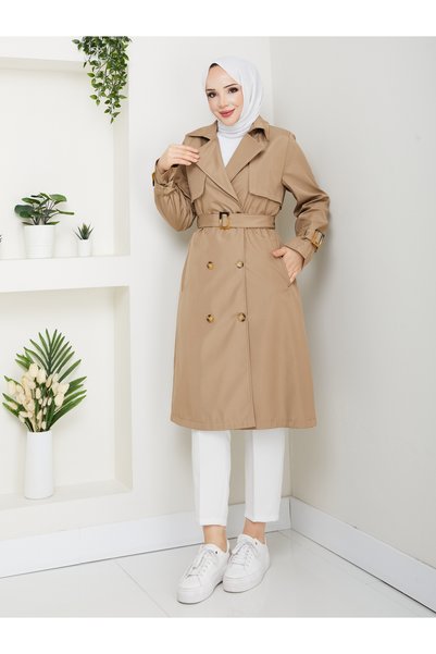 MEHDENEFE Windbreaker Detailed Sleeves & Waist Belted Buttoned Trench Coat Mde1103056