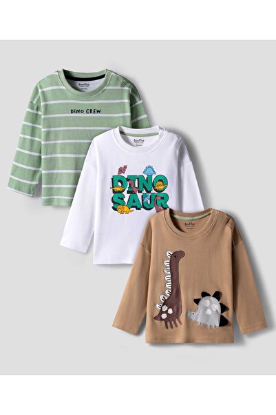 Bonfino Boys 100% Cotton Full Sleeve T-Shirts with Stripes & Dino Print - Whi...