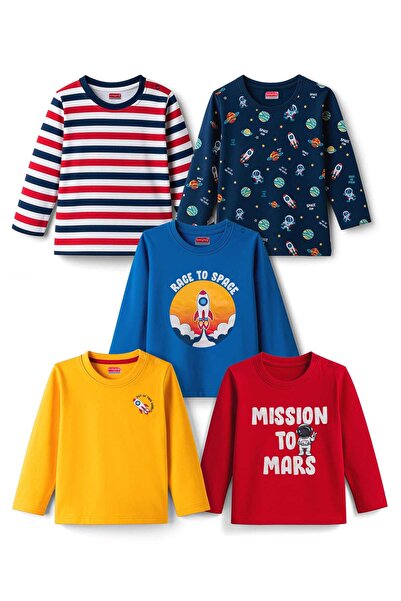 Babyhug 100% Cotton Knit Full Sleeves T-Shirts with Space Theme Print & Strip...