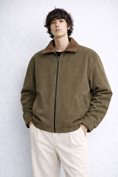 inpool Men's Oversized Fit Bomber Suede Jacket with Velvet Collar Detail 26Us...