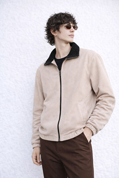 inpool Men's Oversized Fit Bomber Suede Jacket with Velvet Collar Detail 26Us...