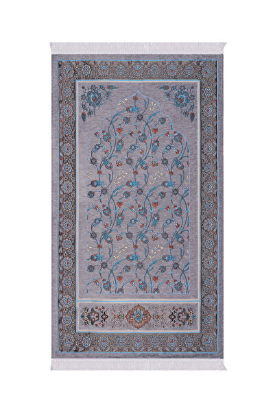 Bursa İpek Gri Çini Lale Desen Özel Dokuma Seccade